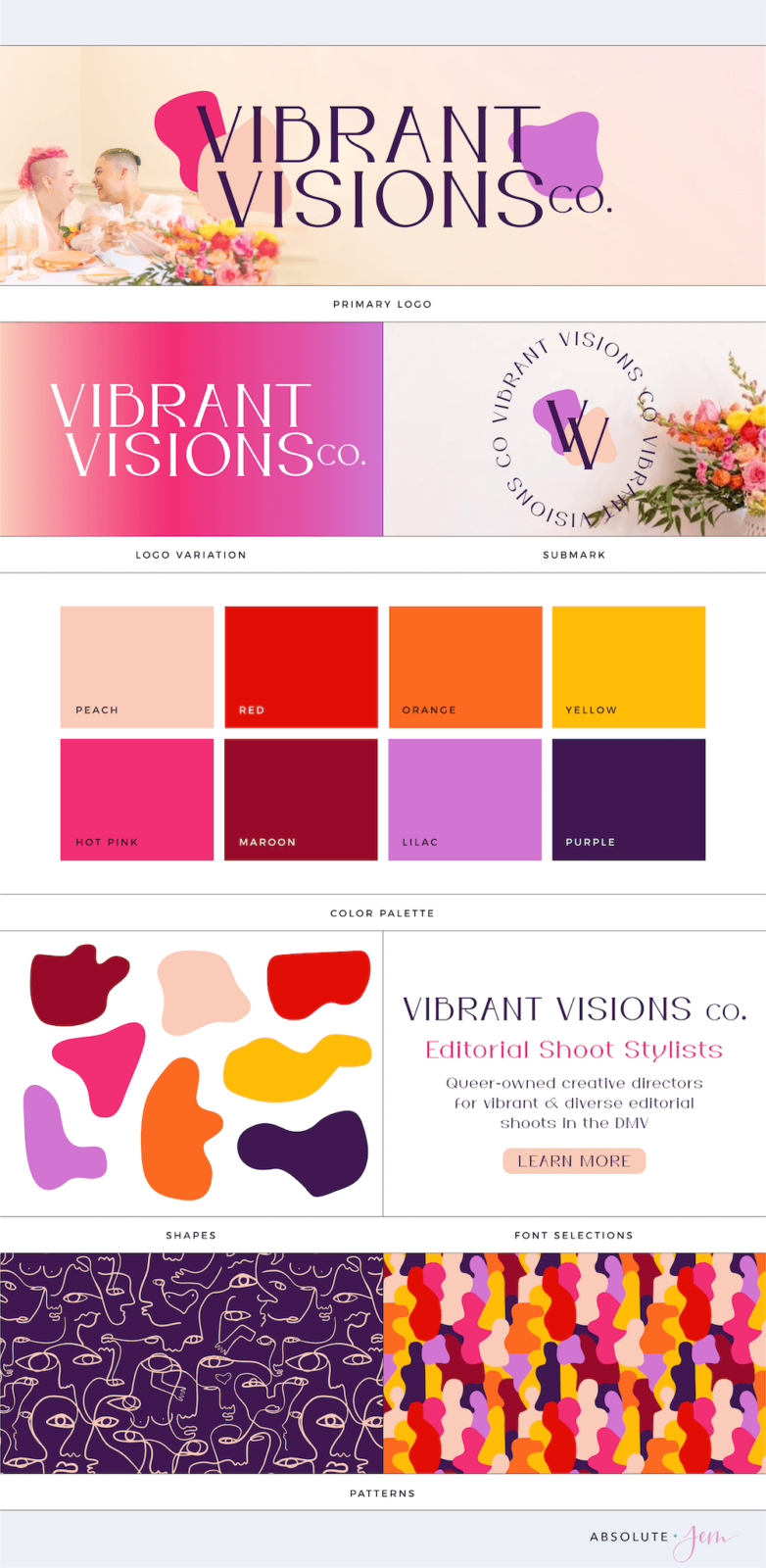 Vibrant Visions Co. Brand Board showing logos, color palette, typography, and patterns